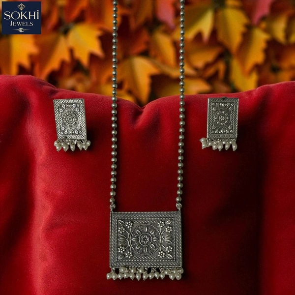 Sokhi Jewels Silver Replica Pendant & Earring Set – Handcrafted Ethnic Design with Pearl Accents  Traditional Wear for Women