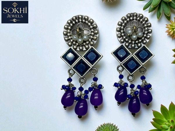 Sokhi Jewels Traditional Silver Replica Dangler Earrings with Purple Stones Work & Purple Beaded Drops - Indian Ethnic Jewelry for Women & Girls - Royal Blue