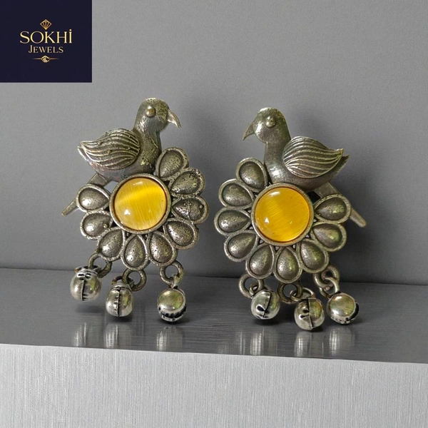 "SOKHI Jewels Bird & Bloom Oxidized Earrings – Antique Floral Earrings with Yellow Gemstone & Bell Danglers for Women & Girls  - Barberry