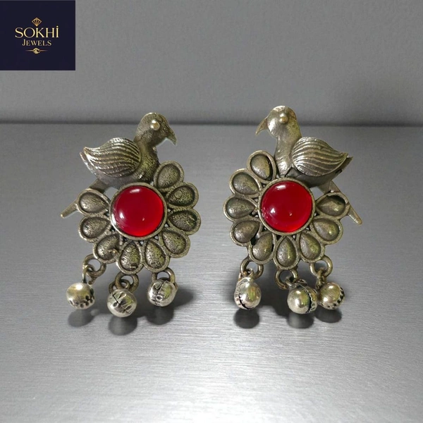 "SOKHI Jewels Bird & Bloom Oxidized Earrings – Antique Floral Earrings with Yellow Gemstone & Bell Danglers for Women & Girls  - Flush Mahogany