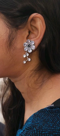 Sokhi Jewels Silver Replica Floral Crystal Drop Earrings – Elegant Teardrop & Round-Cut Stones in Silver Finish for Party, Festive & Bridal Wear for Women & Girls