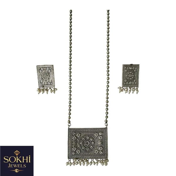 Sokhi Jewels Silver Replica Pendant & Earring Set – Handcrafted Ethnic Design with Pearl Accents  Traditional Wear for Women