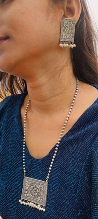 Sokhi Jewels Silver Replica Pendant & Earring Set – Handcrafted Ethnic Design with Pearl Accents Traditional Wear for Women