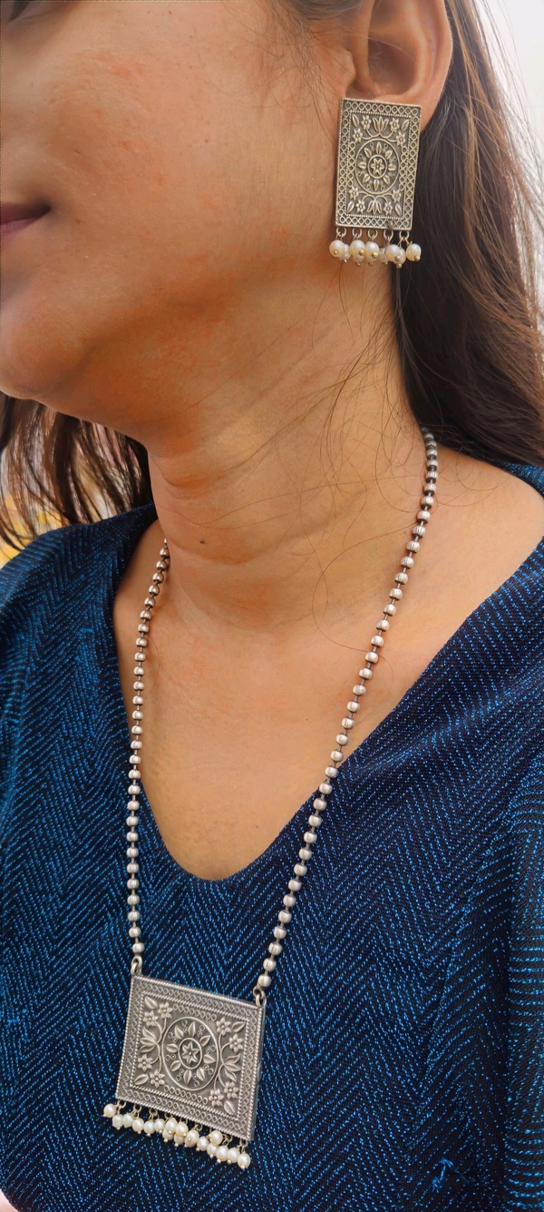 Sokhi Jewels Silver Replica Pendant & Earring Set – Handcrafted Ethnic Design with Pearl Accents Traditional Wear for Women