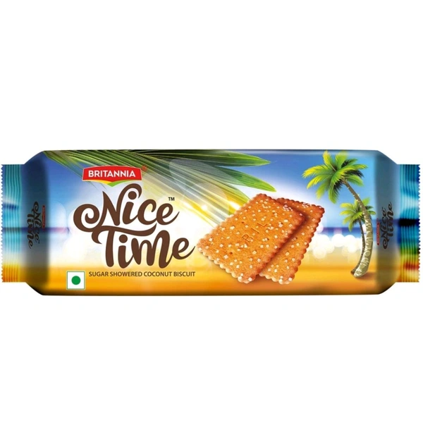 Britannia BRITANNIA

Nice Time

B

TEAR HEPE

Energy 60 kcal

SUGAR SHOWERED COCONUT BISCUIT

Per 13 g serve

BISCUIT

3%

(Approx. 2 Biscuits)

"Images are for illustration purpose only

0% TRANS FAT