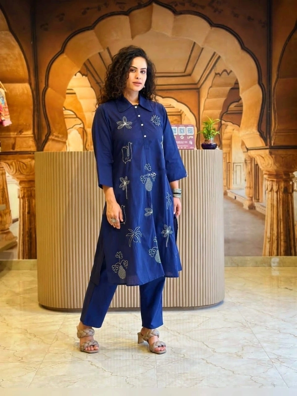 Blue kurti With embroidery work - M