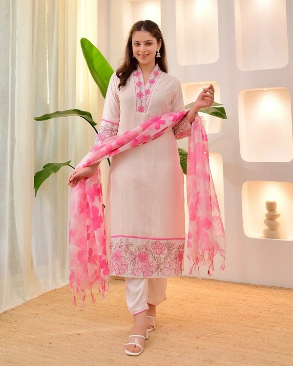 Pastel shade blush pink mul chanderi suit - M