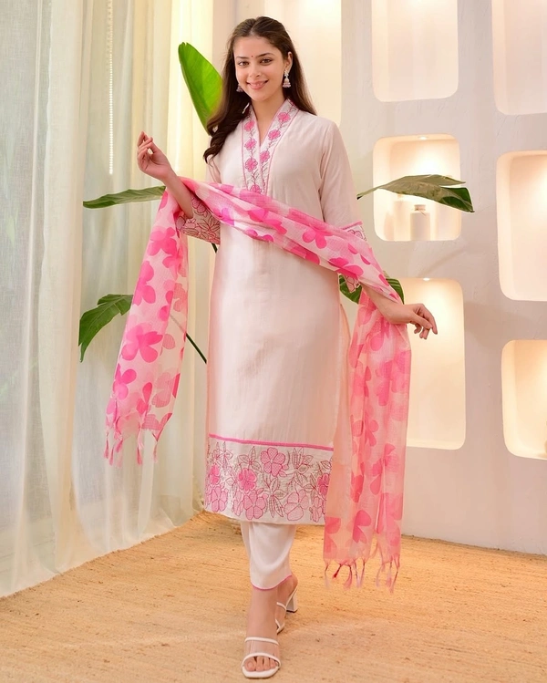Pastel shade blush pink mul chanderi suit - XL