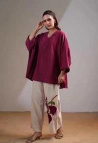 Maroon top with cream plazo - M