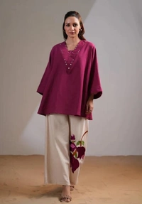Maroon top with cream plazo - M