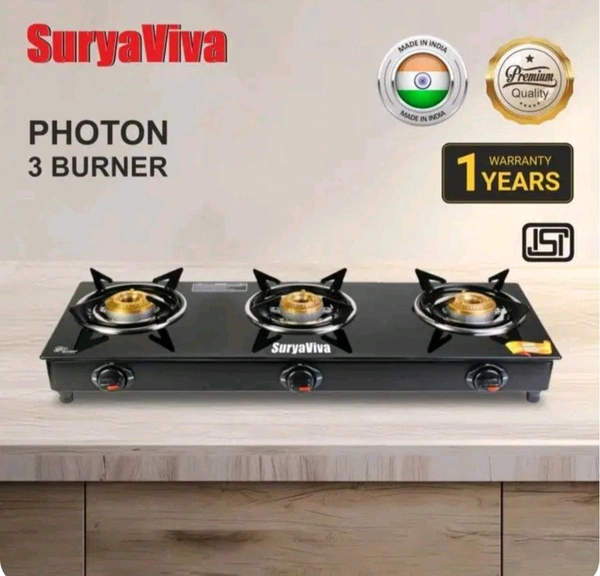 Suryaviva 3B Photon Bk Toughened 3 Cast Iron Glass Gas Stove  - 3 Burners, Within 3 Days, Brand Warrenty