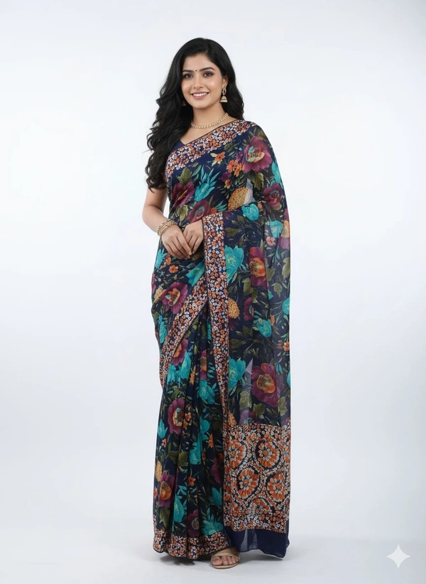 Woman Saree Blue With Blouse