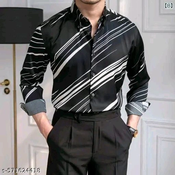 Printed Daily Wear Lycra Full Sleeve Shirt For Men , Casual Wear - Black, S