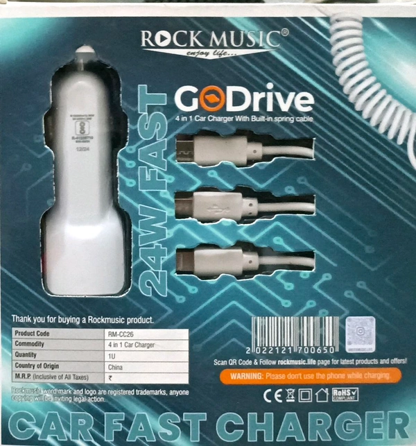 Rock Music 4 In 1 Fast Car Charger 24W - White