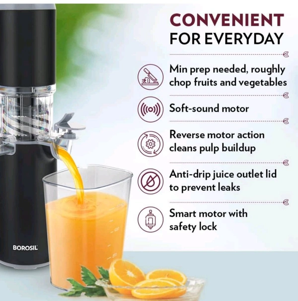 Borosil 130W Easy Cold Press Slow Juicer | Compact Design Portable Less Oxidation, Anti Drip Outlet Lid | Fruit & Vegetable Juicer