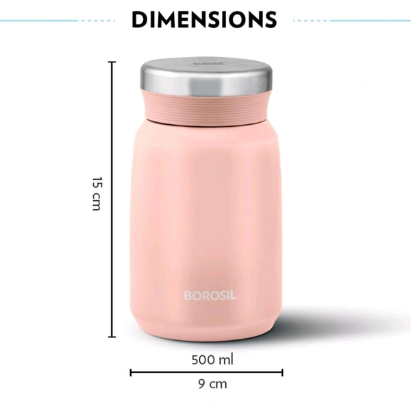 Borosil Hydra Carry Mate Black 500 ml Stainless Steel Double Wall Vacuum Insulated Soup Flask & Food Jar with Screw Lid - Pink