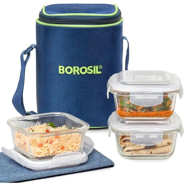 BOROSIL Borosil  Glass Lunch Box Set Of 3 Clear 320 Ml Microwave Safe Office Tiffin - Base Variant