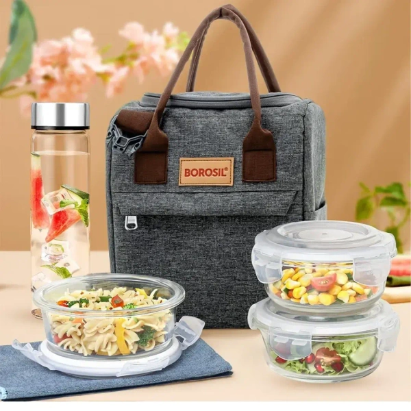 BOROSIL Borosil Gourmet Borosilicate Glass Lunchbox with Bag | 3 pc Set (320ml Each) + 1 - Base Variant