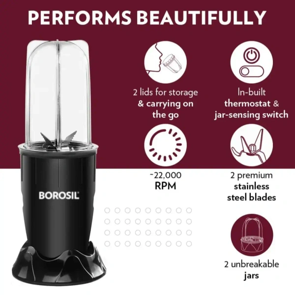 BOROSIL Borosil NutriFresh PB31 Portable Mini-Blender & Grinder, Black 400 W - Base Variant