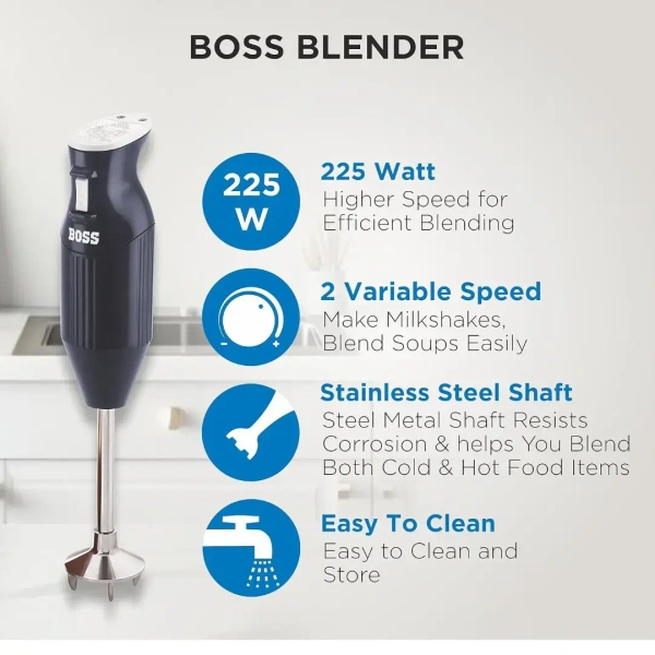 BOSS B132 Portable Hand Blender 225W - Watt Variable Speed Control - Base Variant