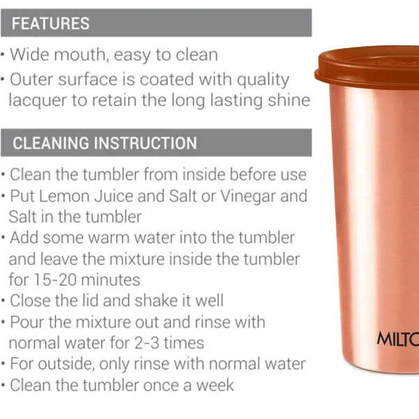 MILTON Milton Copper Drinking Water Tumbler with Lid 480 ml, - Base Variant