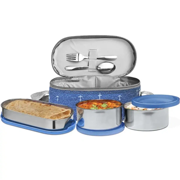 MILTON Corporate Lunch Stainless Steel Containers Set of 3 Blue 280 Ml - Base Variant