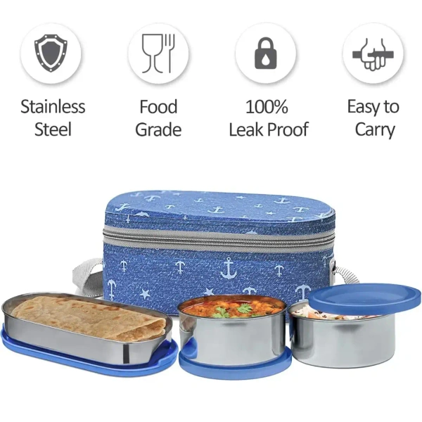 MILTON Corporate Lunch Stainless Steel Containers Set of 3 Blue 280 Ml - Base Variant