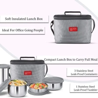MILTON Delicious Combo Stainless Steel Insulated Tiffin (1 Tumbler and 3 Container) Set of 4 Grey - Base Variant