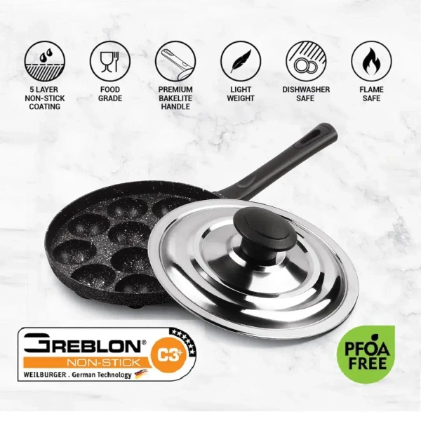 MILTON Pro cook Appam Patra 12 Cavities, 14 Inch Non-Stick Paniyaram - Base Variant