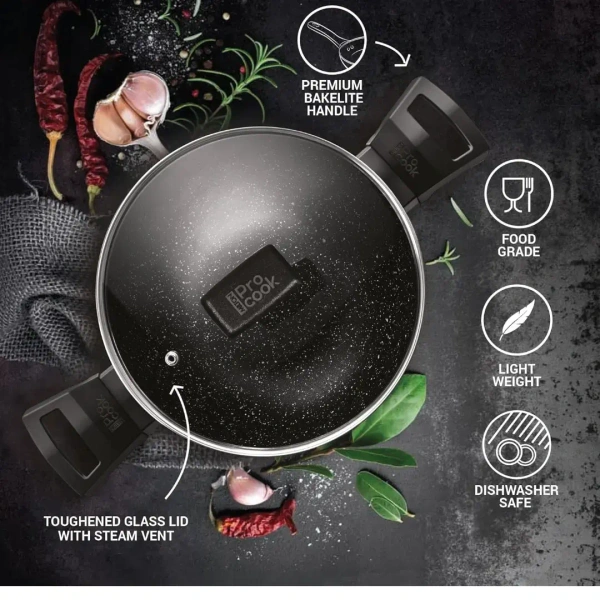MILTON Milton Pro Cook Granito Kadhai With Glass Lid Size 28 Cm - Base Variant