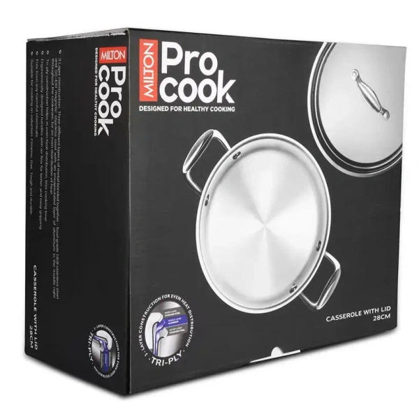 MILTON Milton Pro Cook Tri Ply Stainless Steel Casserole With Lid Size 28 Cm - Base Variant