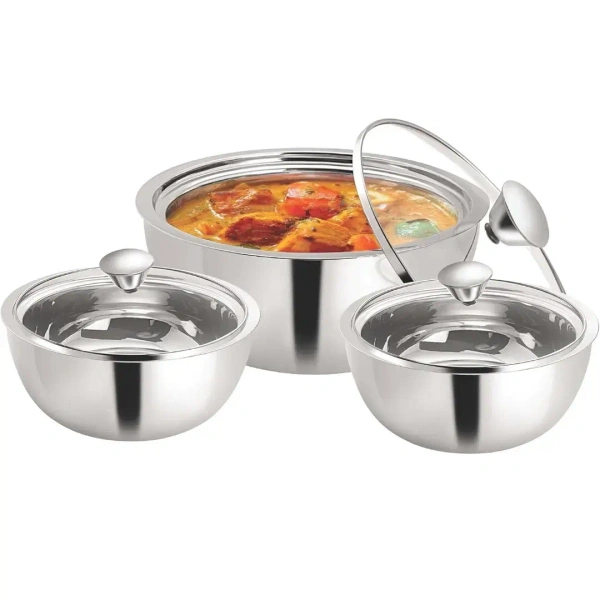 NanoNine Gravy Pot Double Wall Insulated S S Serve Fresh Casserole Set Of 3 - Base Variant