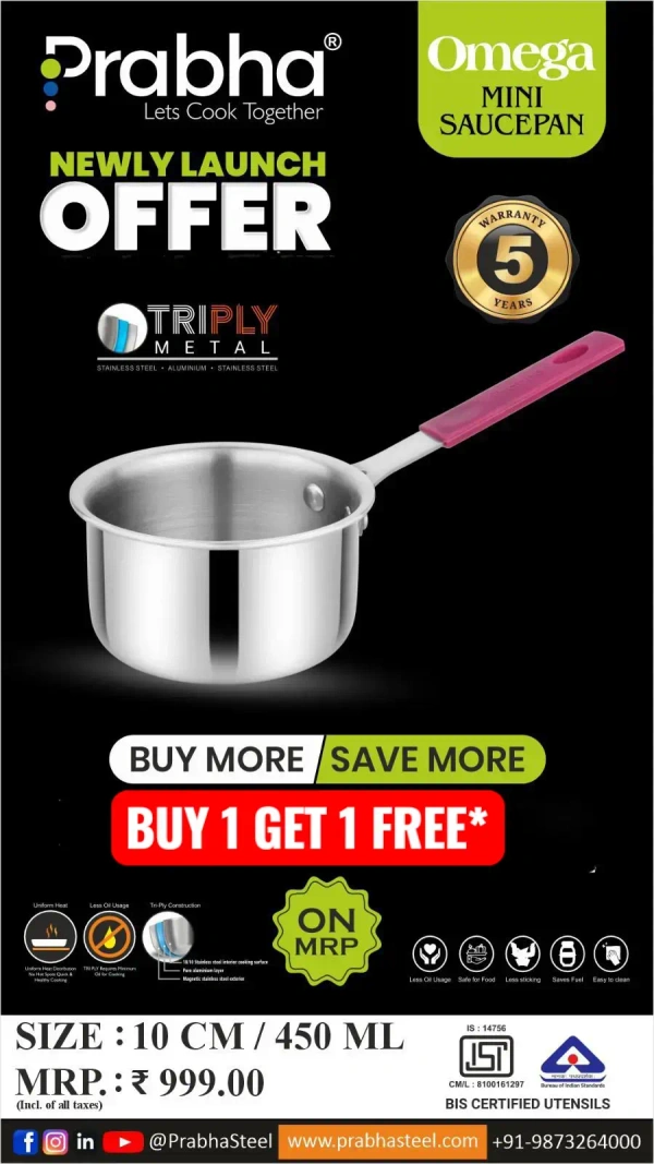 PRABHA Tri Ply Omega Mini Saucepan 10 cm - Base Variant