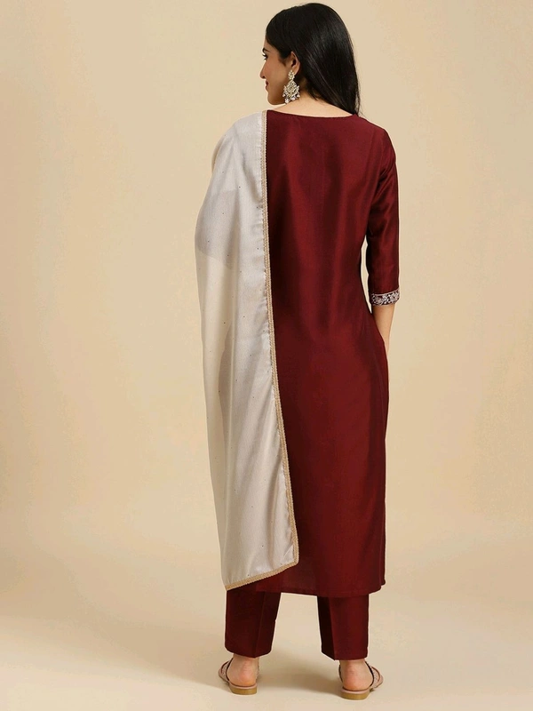 Mokosh MOKOSH Women Silk Blend Kurta Pant Dupatta Set - M, Rosewood