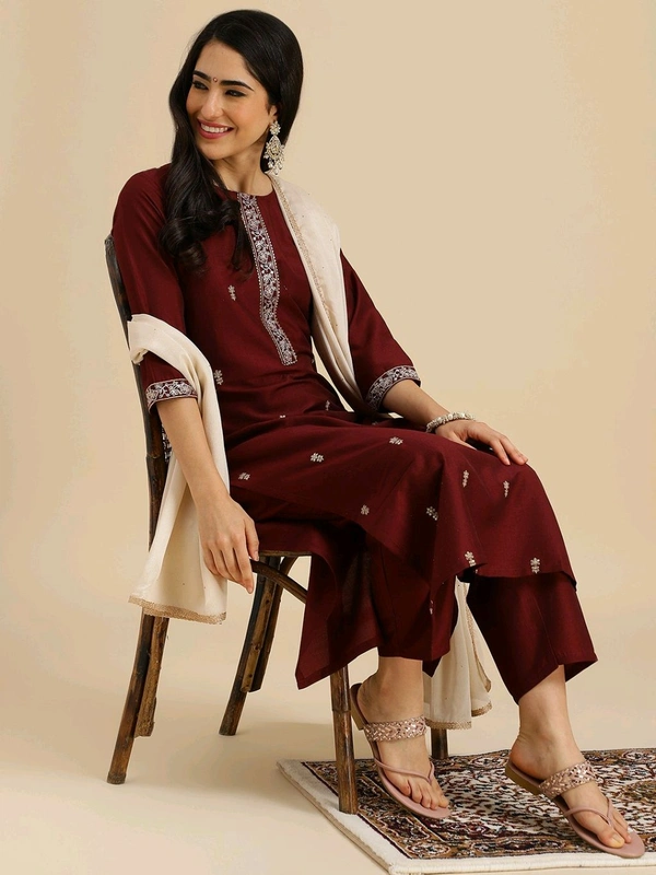 Mokosh MOKOSH Women Silk Blend Kurta Pant Dupatta Set - M, Rosewood