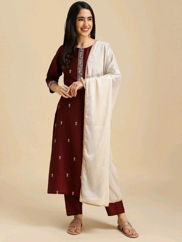 Mokosh MOKOSH Women Silk Blend Kurta Pant Dupatta Set - XXL, Rosewood