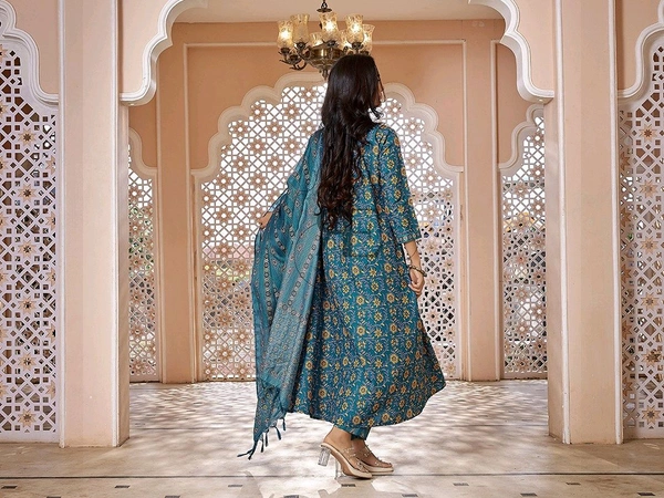Royal Export Women Viscose Rayon Kurta Pant Dupatta Set - Teal, S