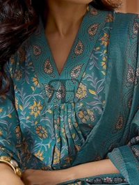 Royal Export Women Viscose Rayon Kurta Pant Dupatta Set - Teal, S