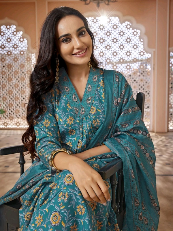 Royal Export Women Viscose Rayon Kurta Pant Dupatta Set - Teal, M