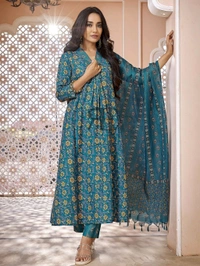 Royal Export Women Viscose Rayon Kurta Pant Dupatta Set - Teal, M