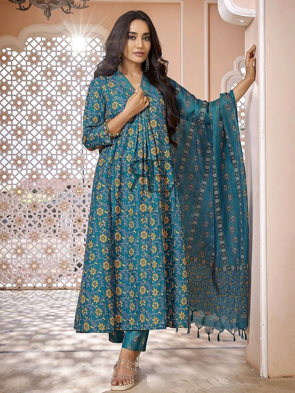 Royal Export Women Viscose Rayon Kurta Pant Dupatta Set - Teal, M