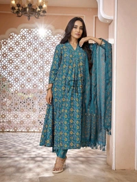 Royal Export Women Viscose Rayon Kurta Pant Dupatta Set - Teal, M