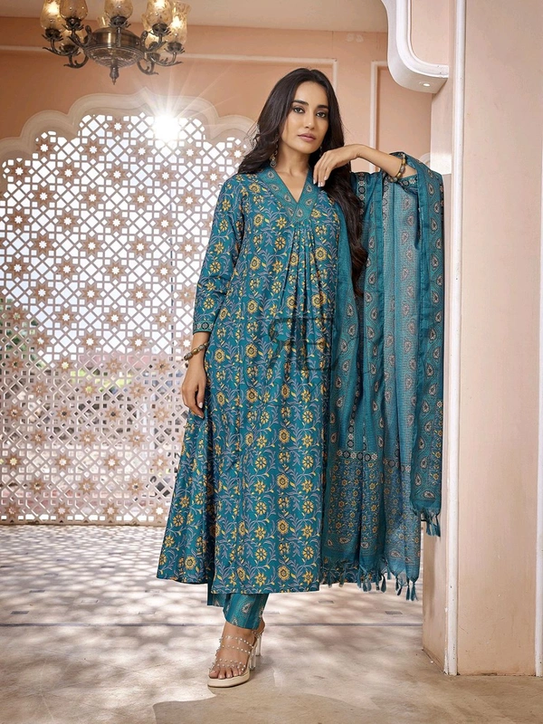Royal Export Women Viscose Rayon Kurta Pant Dupatta Set - Teal, M