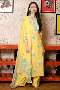 Gosriki Women Cotton Blend Kurta Palazzo Attached Dupatta Set - XL