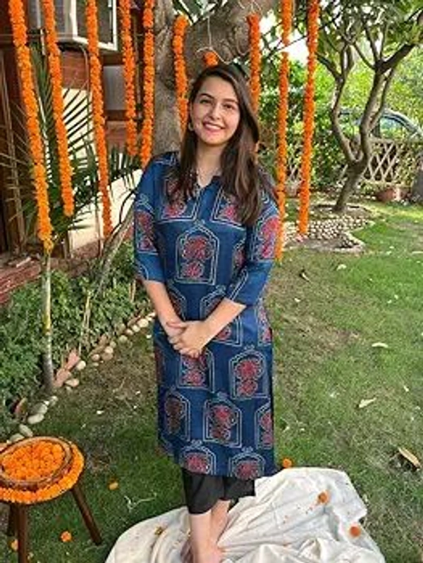 Hardikfab Rayon Blue Kurti with Pant, Block Print 3/4 Sleeves Knee Length Round Neck Kurta Set for Women & Girls - S