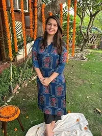 Hardikfab Rayon Blue Kurti with Pant, Block Print 3/4 Sleeves Knee Length Round Neck Kurta Set for Women & Girls - XL