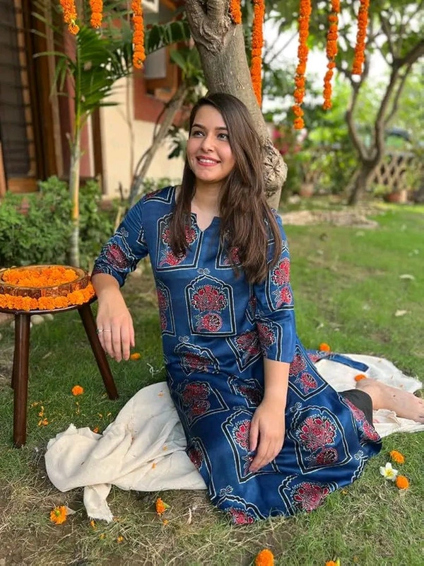 Hardikfab Rayon Blue Kurti with Pant, Block Print 3/4 Sleeves Knee Length Round Neck Kurta Set for Women & Girls - XXL