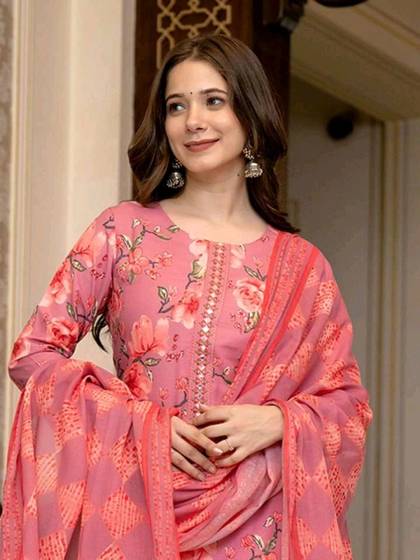 Ahika AHIKA Floral Printed Mirror Work Straight Kurta with Trousers & Dupatta - S