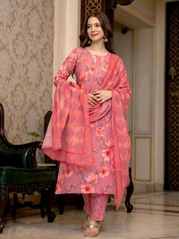Ahika AHIKA Floral Printed Mirror Work Straight Kurta with Trousers & Dupatta - S