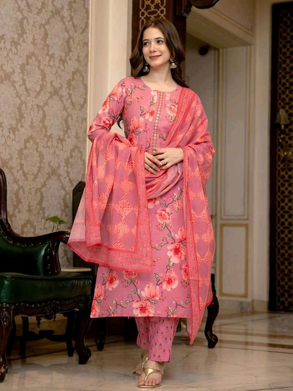 Ahika AHIKA Floral Printed Mirror Work Straight Kurta with Trousers & Dupatta - S